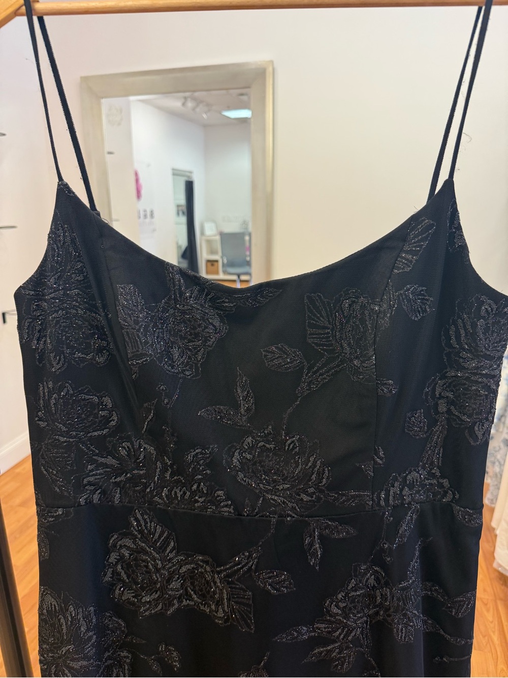 Hayley Paige Occasions Black Beaded Floral Spaghetti Strap Dress - Picture 2 of 6